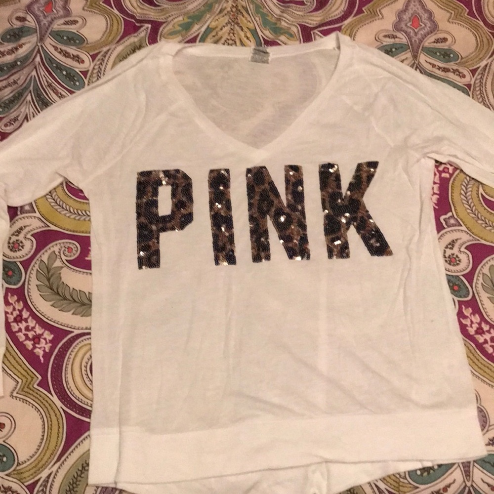 Pink leopard pink sequined long sleeve v neck